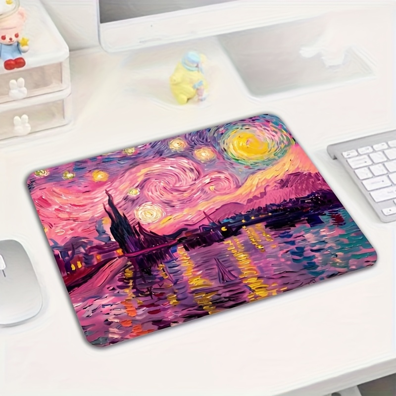 Gaming Accessories Brands - แผ่นรองเมาส์ลายภาพวาดสีน้ำมันท้องฟ้าเต็มไปด้วยดวงดาวสีชมพู ฐานยางกันลื่น อุปกรณ์เสริมสำหรับคีย์บอร์ดสำนักงาน พกพาสะดวก ใช้สำหรับเล่นเกม
