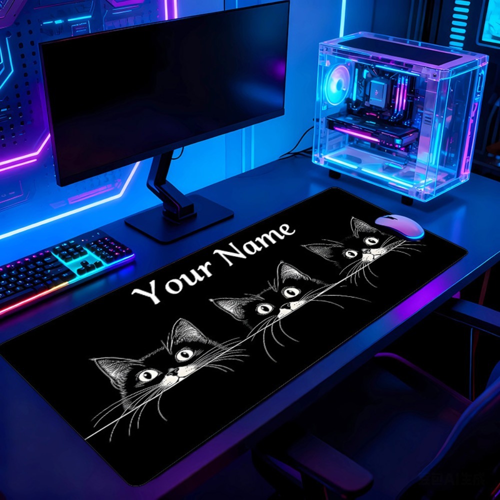 Gaming Accessories Name - แผ่นรองโต๊ะลายแมวดำ 3 ตัวน่ารัก พร้อมชื่อและหมายเลข ฐานยางกันลื่น อุปกรณ์เสริมสุดน่ารักสำหรับคอมพิวเตอร์